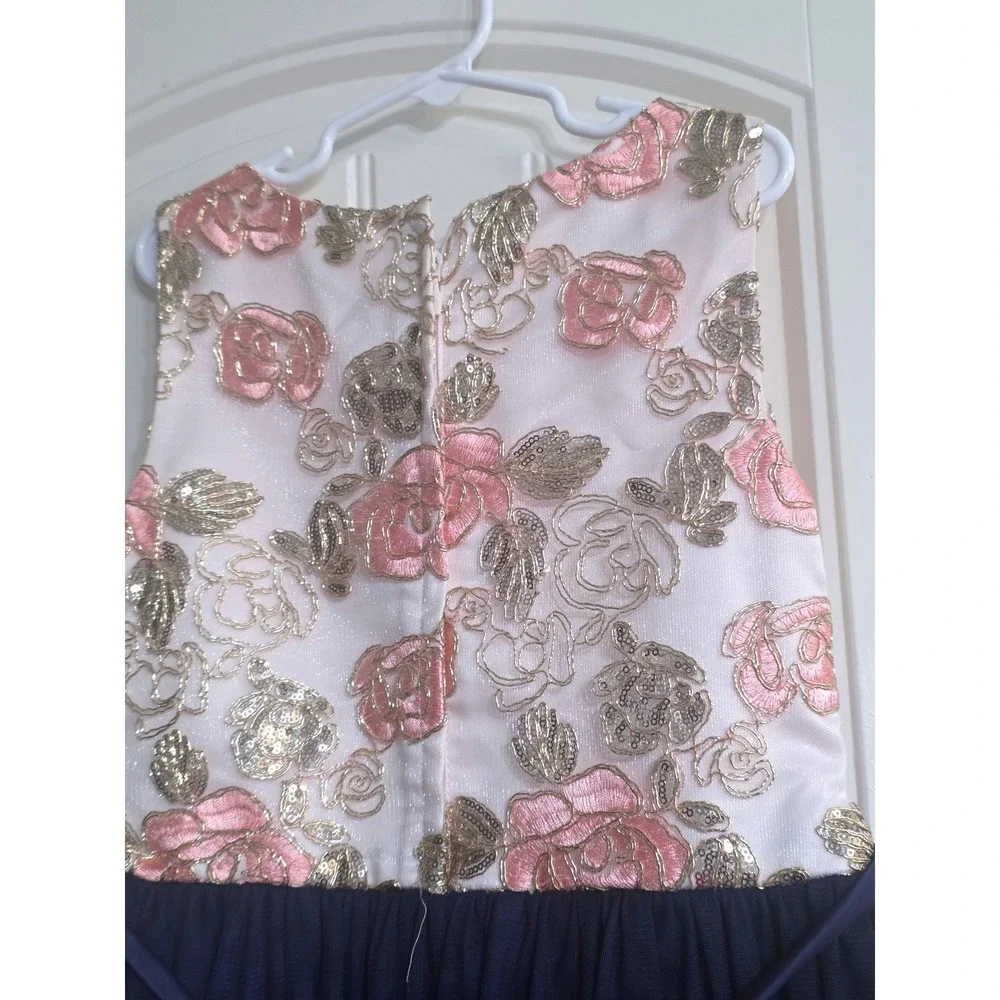 American Princess Girls Pink Gold Sequin Floral Navy Tulle‎ High Low Dress 12